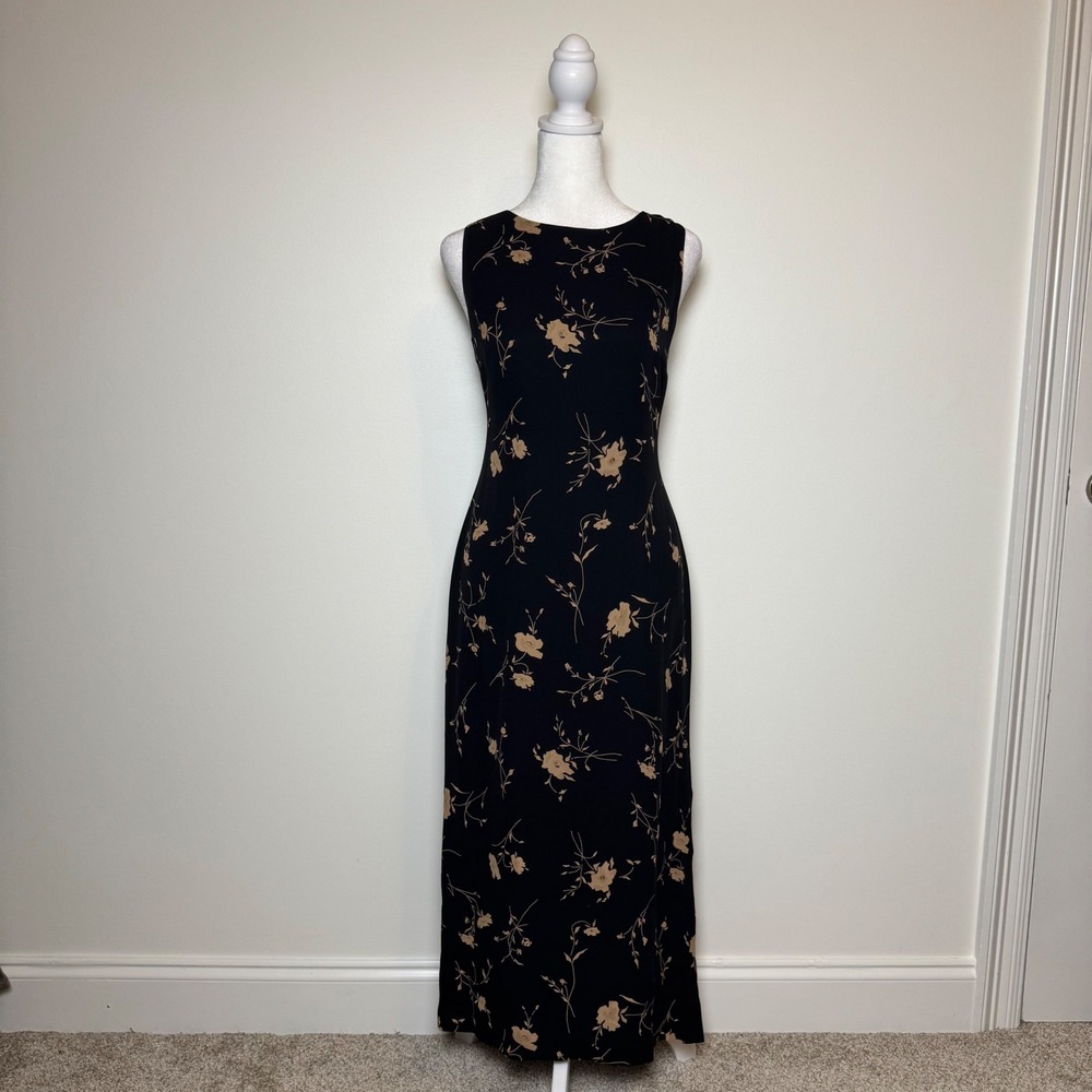 Petite Sophisticate Silk Floral Midi Dress Size 4 Black 90s Vintage